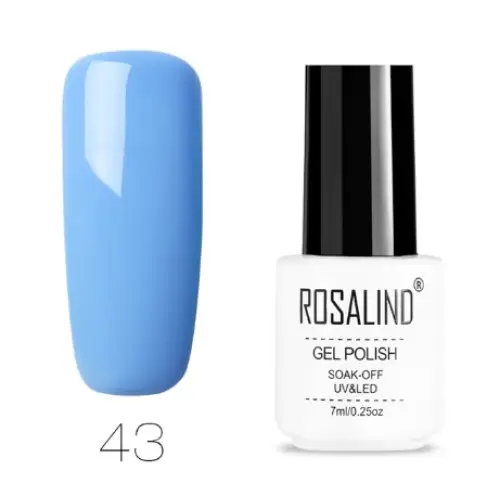 Light blue glossy gel polish in a white bottle with black cap, labeled ’rosalind gel polish soak-off uv&led 7ml/0.25oz’.