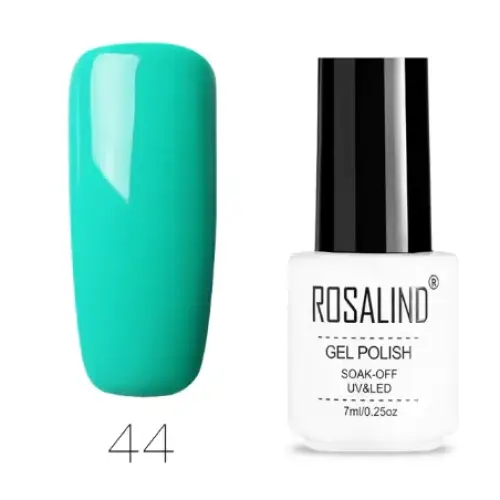 A vibrant teal gel polish in a sleek white bottle with black cap, labeled ’rosalind gel polish’ and marked as shade 44.