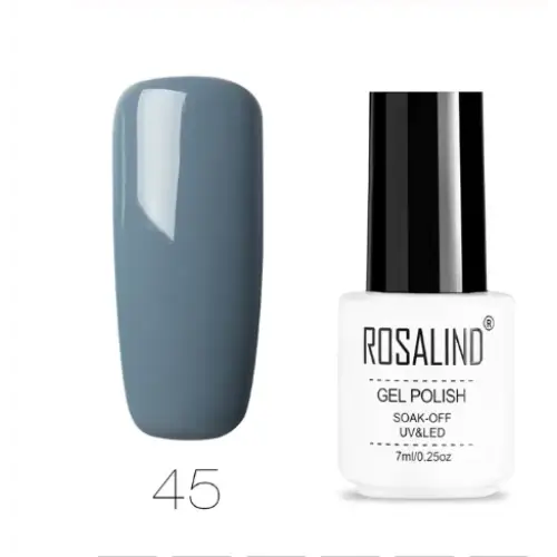 A sleek white bottle of rosalind gel polish with a black cap, labeled as shade 45 in a matte gray color.