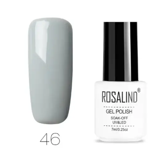 Gray gel polish in a white bottle with black cap, labeled ’rosalind gel polish’ and shade number 46.
