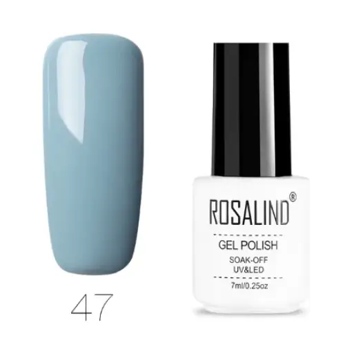 A sleek white bottle with a black cap, labeled ’rosalind gel polish,’ holds 7ml of soak-off uv/led gel polish in shade #47.