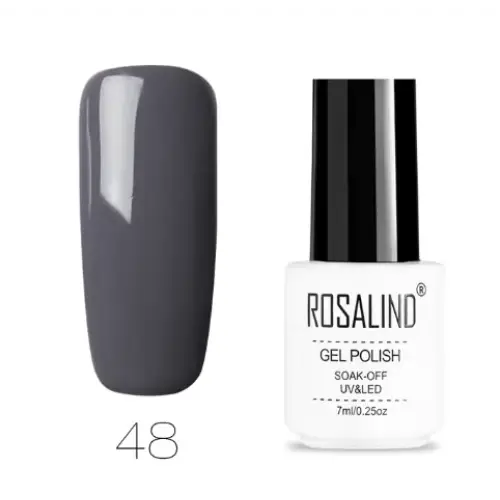 A sleek, matte gray gel polish in a white bottle with black cap from the brand rosalind.