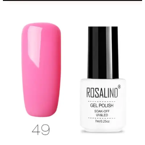 A vibrant pink gel polish in a sleek white and black bottle, labeled ’rosalind gel polish’ with the shade number 49.