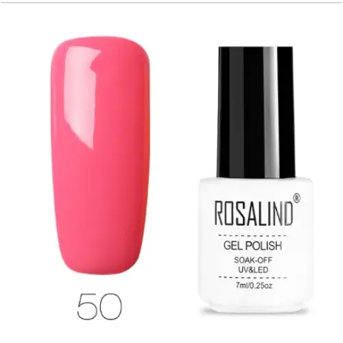A vibrant pink gel polish in a sleek white and black bottle, labeled ’rosalind gel polish’ with shade number 50.