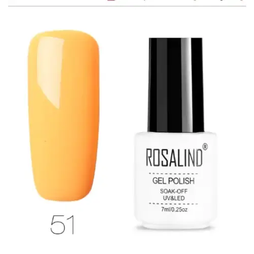 Orangish-yellow gel polish in a white bottle with black cap, labeled ’rosalind gel polish’ and shade number 51.