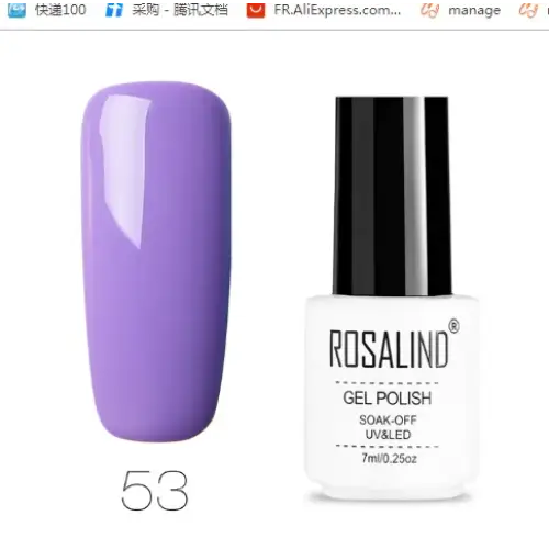 A sleek white bottle with a black cap, labeled ’rosalind gel polish,’ holds 7ml of soak-off uv/led gel polish in shade #53.