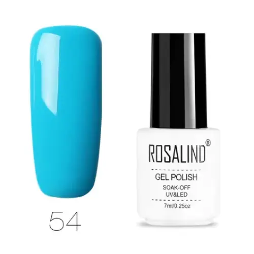 A vibrant turquoise gel polish in a sleek white bottle with black cap, labeled ’rosalind gel polish’ and marked as shade 54.