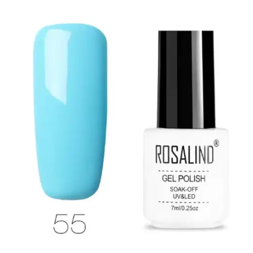 A sleek white bottle with a black cap, labeled ’rosalind gel polish,’ holds 7ml of soak-off uv/led gel polish in shade #55.