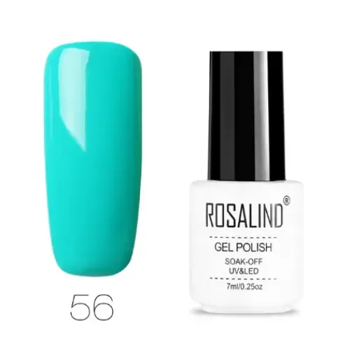 Turquoise gel polish in a white bottle with black cap, labeled ’rosalind gel polish’ and shade number 56.
