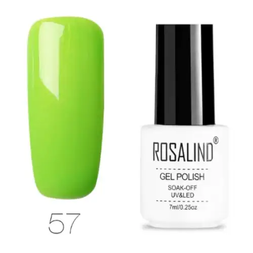 Vibrant lime green gel polish in a sleek white and black bottle, labeled ’rosalind’ with shade number 57.