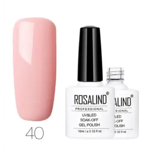 Pink gel polish in a white bottle with black cap, labeled ’rosalind professional uv/led soak-off gel polish’ and shade number 40.