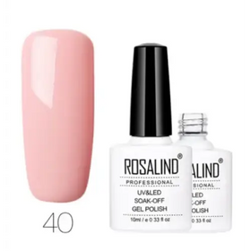 Pink gel polish in a white bottle with black cap, labeled ’rosalind professional uv/led soak-off gel polish’ and shade number 40.