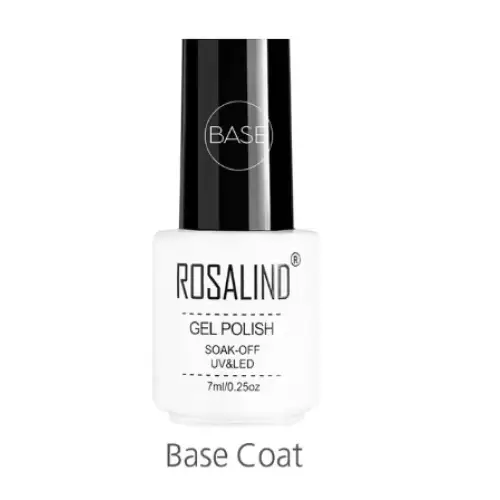 White bottle of rosalind gel polish base coat with a black cap and minimalist labeling.
