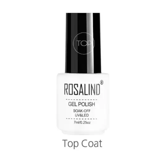 Rosalind brand gel polish top coat in a sleek white bottle with a glossy black cap.