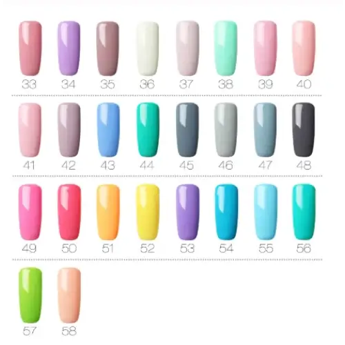 A collection of 58 different nail polish shades, each displayed in a sleek, glossy finish with numbers labeled beneath for easy identification.