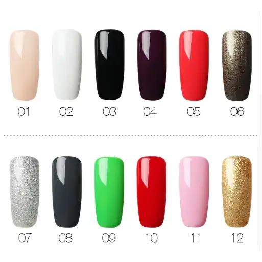 A collection of ten glossy nail polish colors, including nude, white, black, burgundy, red, gold glitter, silver glitter, dark gray, green, and pink.