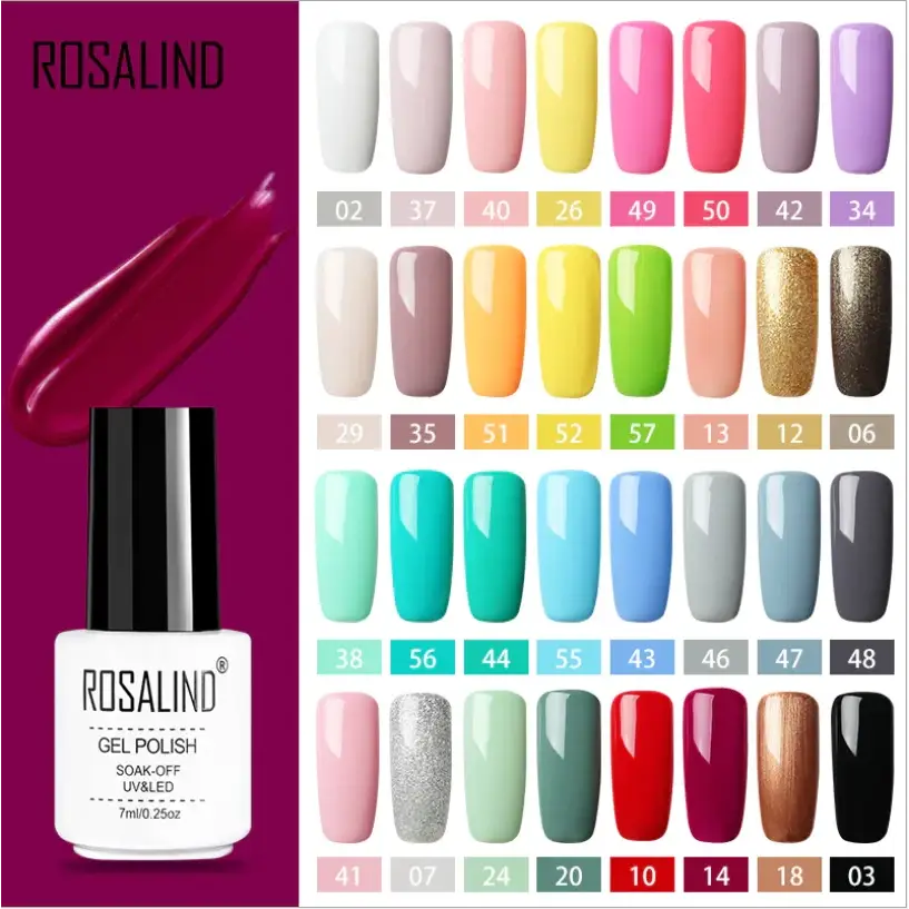 A white bottle of rosalind gel polish with a black cap, featuring a vibrant fuchsia swatch and displayed alongside an array of colorful nail polish shades.