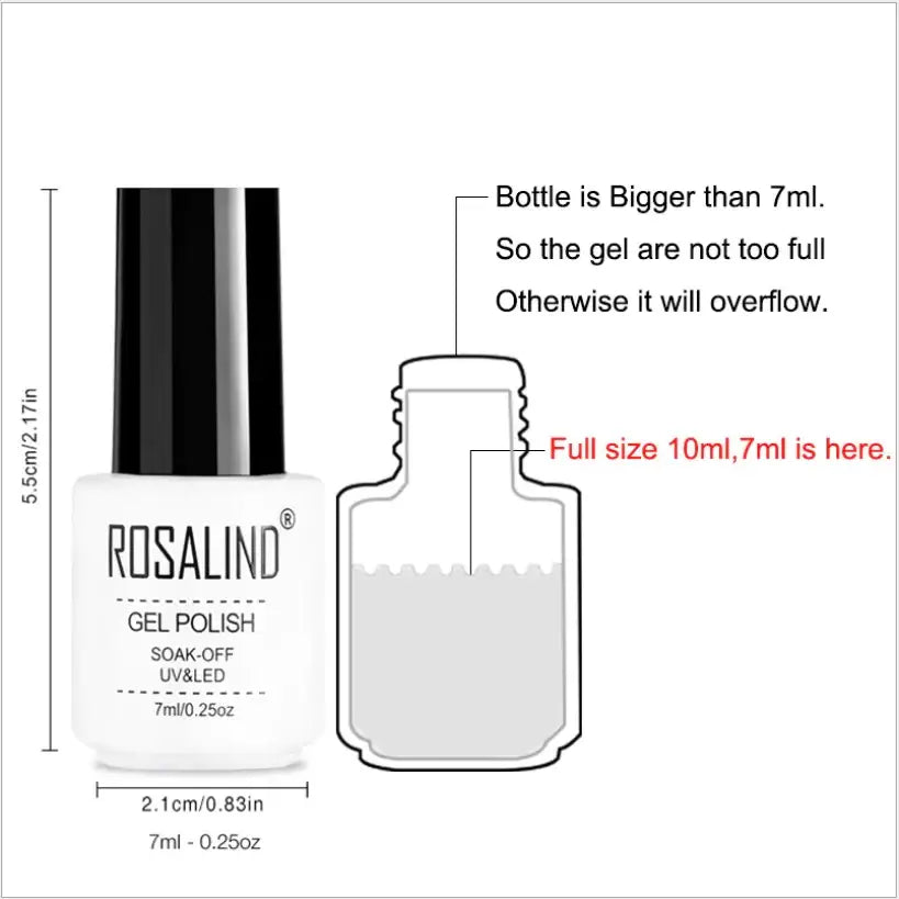 White rosalind gel polish bottle with black cap and 7ml capacity.