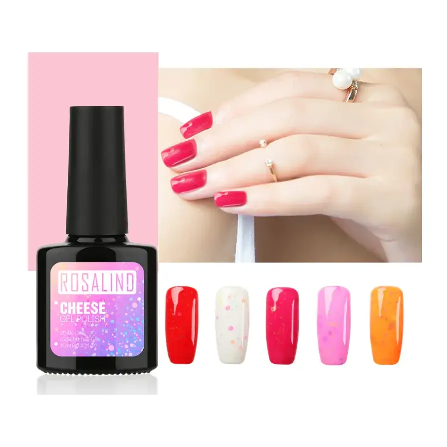 A black bottle of rosalind cheese gel polish with a holographic pink and purple label.