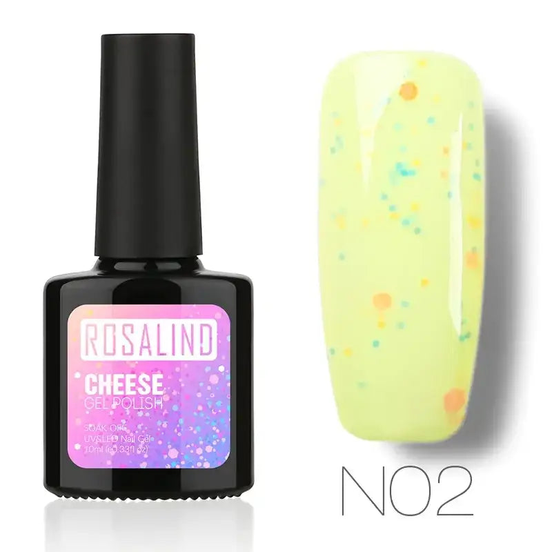 Rosalind cheese gel polish in shade no2, a vibrant neon yellow nail polish with colorful speckles.