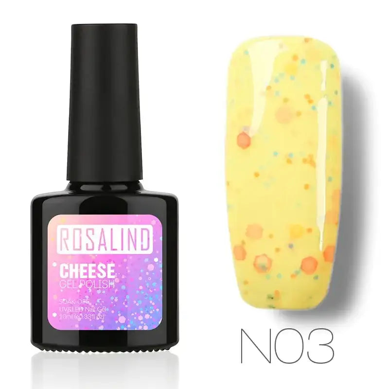 Rosalind cheese gel polish in a black bottle with a pink and purple gradient label, featuring a yellow nail polish finish speckled with orange and green glitter.