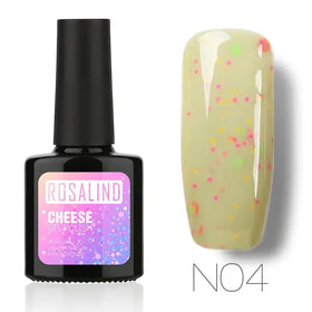 Rosalind cheese gel polish in shade no4, a pale green base with multicolored glitter speckles.