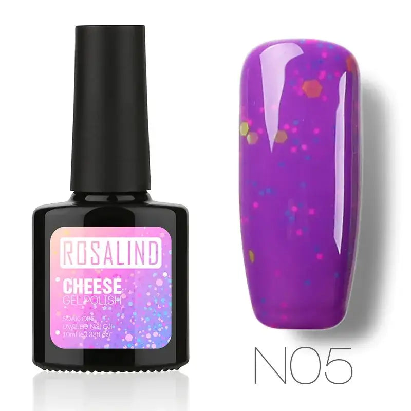 Purple glittery gel nail polish in a black bottle labeled ’rosalind cheese gel polish no.5’’.
