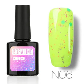 Vibrant neon green gel polish with multicolored glitter, in a sleek black bottle labeled ’rosalind cheese gel polish n06’’.