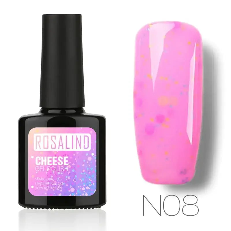 A vibrant pink glittery gel nail polish in a sleek black bottle, labeled ’rosalind cheese gel polish’ with the shade number n08.