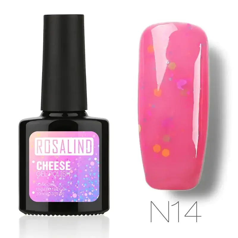 Rosalind cheese gel polish in shade n14, a vibrant pink nail polish with colorful glitter particles.