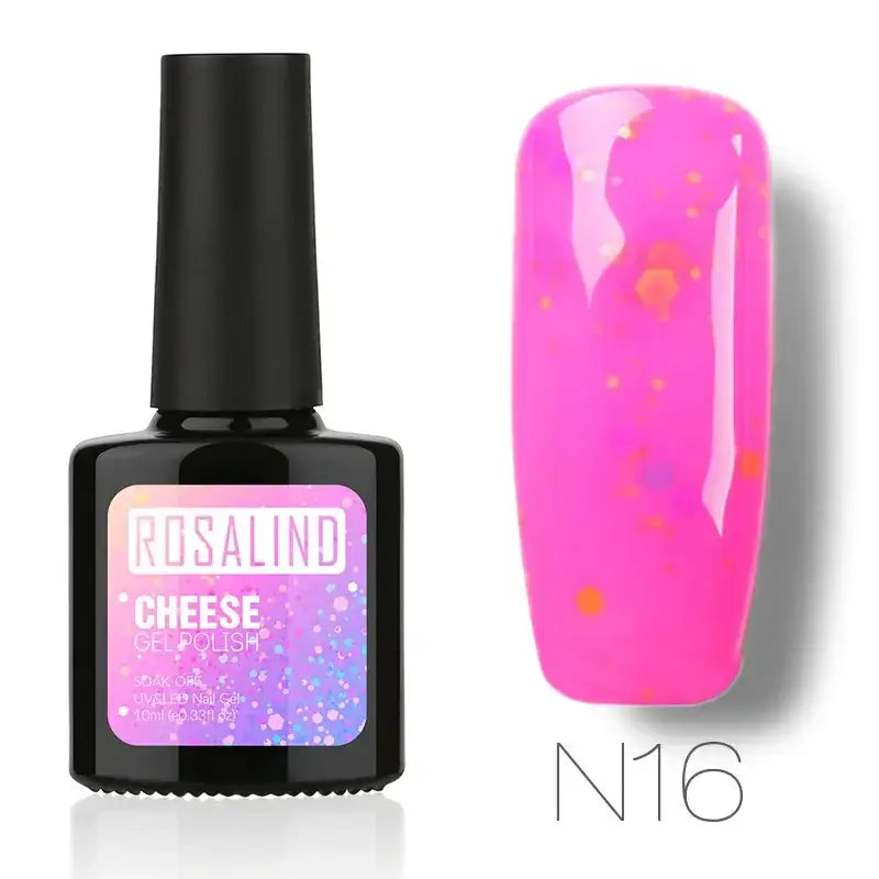 A vibrant pink glitter nail polish in a black bottle with a gradient label, featuring the brand name ’rosalind’ and product line ’cheese gel polish.’