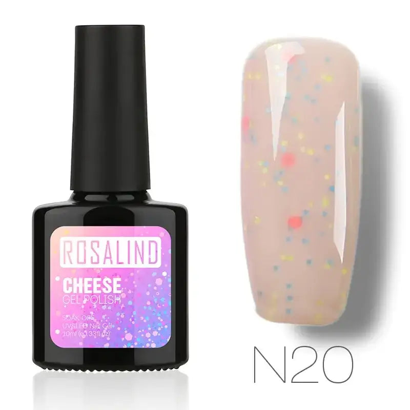 Rosalind cheese gel polish n20 in a black bottle with a gradient pink and purple label, featuring a sheer nude base with colorful glitter specks.