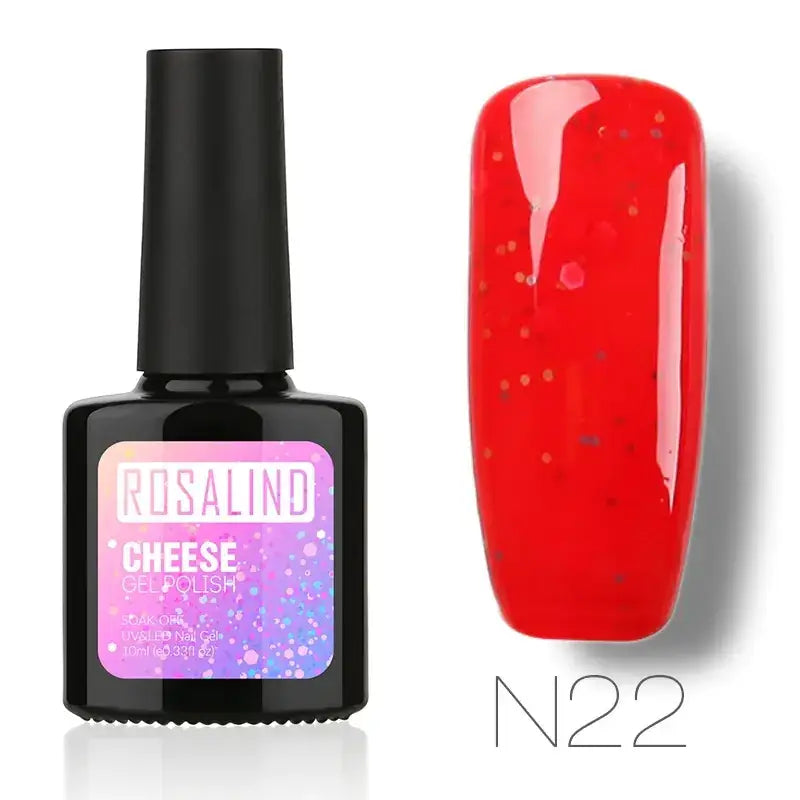 Rosalind cheese gel polish in shade n22, a vibrant red nail polish with sparkling glitter particles.