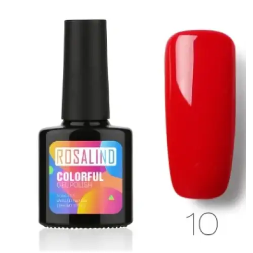 Rosalind brand gel polish in a sleek black bottle with vibrant red color, labeled as shade 10.