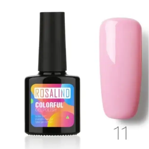 Pink gel polish in a black bottle labeled ’rosalind colorful gel polish’ with shade number 11.