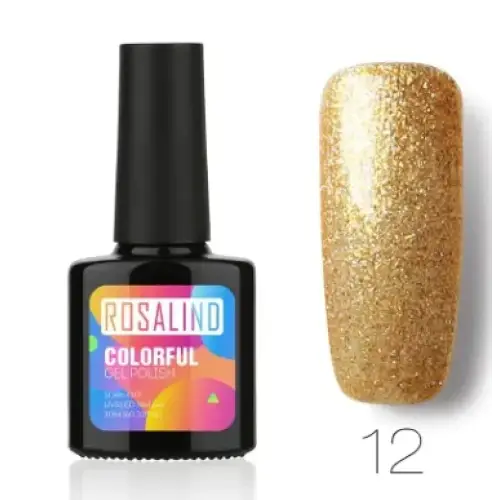 A shimmering gold glitter nail polish in a sleek black bottle with the brand name ’rosalind’ and product label ’colorful gel polish.’