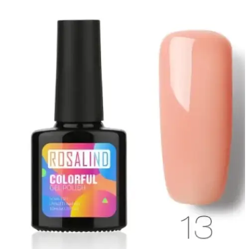 Rosalind brand gel polish in a sleek black bottle with vibrant label, showcasing a soft peachy-pink nail color.