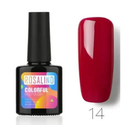 Rosalind brand gel nail polish in a sleek black bottle with vibrant, glossy red color.
