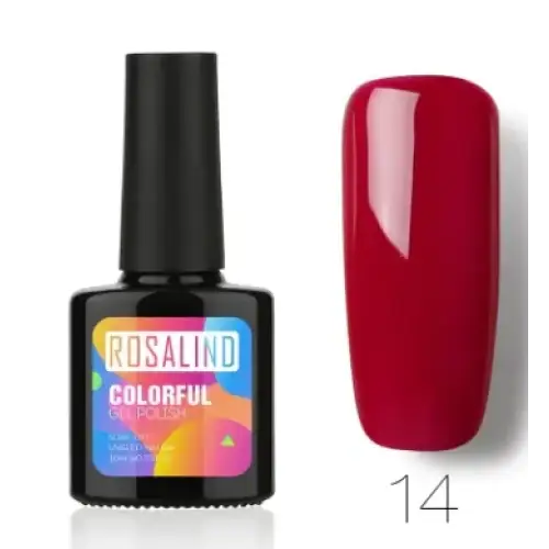 Rosalind brand gel nail polish in a sleek black bottle with vibrant, glossy red color.