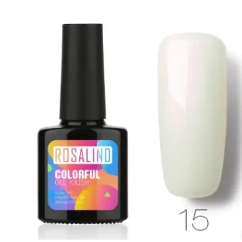 Rosalino brand gel polish in a sleek black bottle with vibrant label, shown next to its creamy off-white nail application.