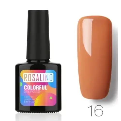 Rosalind brand colorful gel polish in a sleek black bottle with vibrant label, showcasing shade 16—a glossy caramel-orange nail color.