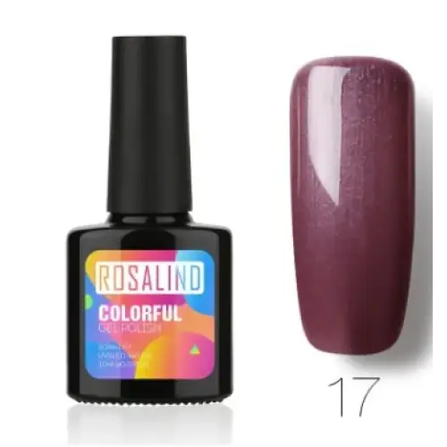 Rosalind brand gel polish in a sleek black bottle with vibrant label, showcasing shade 17—a rich, glossy deep purple hue.