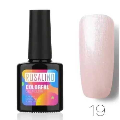 Rosalind brand gel polish in a sleek black bottle with vibrant rainbow label, showcasing a soft pink shimmer finish on the nail swatch.