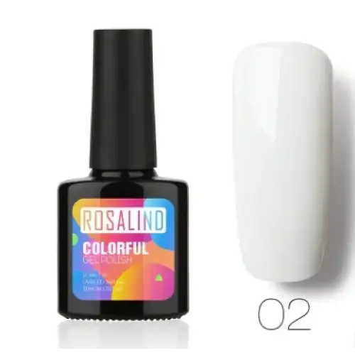 Black bottle of rosalind colorful gel polish in shade 02, featuring a glossy white finish.