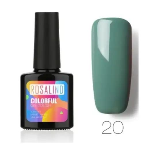 Rosalind brand gel polish in a sleek black bottle with vibrant label, showcasing shade 20—a smooth, matte-finish teal color.