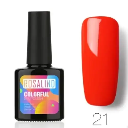 Rosalind colorful gel polish in shade 21, a vibrant orange-red nail polish with a glossy finish.
