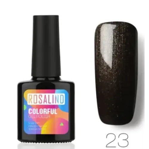 Rosalind brand gel polish in a sleek black bottle with vibrant label, showcasing a dark brown shimmer finish on the nail swatch.