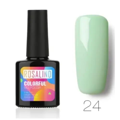 A sleek black bottle of rosalind colorful gel polish, featuring a glossy mint green nail finish in shade 24.