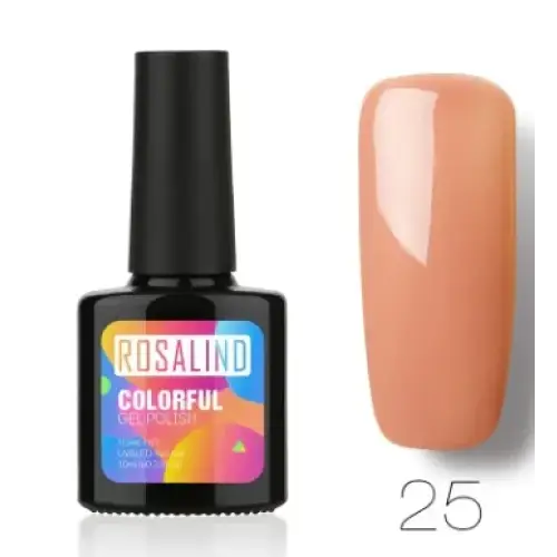 Rosalind colorful gel polish in shade 25, a sleek black bottle with vibrant label and glossy peachy nude nail finish.