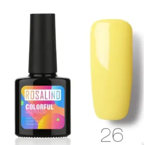 A vibrant yellow gel nail polish in a sleek black bottle with colorful branding, labeled as shade 26.